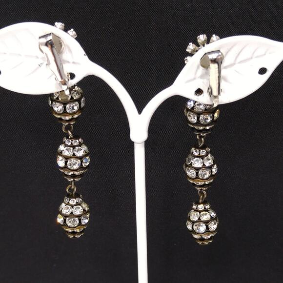 Vintage Dangle Long Black Floral Earrings, Clear Rhinestones, 1980s, 2 1/2" - Picture 2 of 10